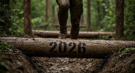 A low-angle view of a person's muddy legs and boots stepping over a log marked 2026 on a challenging forest obstacle course, conveying determination.