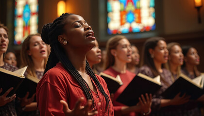 Young black woman with braids sings in church choir. Female gospel singers perform with songbooks. Women in various outfits sing hymns together.