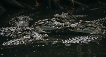 Fototapeta premium Group of crocodiles in dark water close up photography wildlife animal