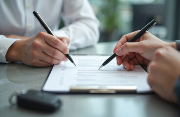 Two people sign contract or deal with pens on document. Agreement between client and agent in office. Auto purchase or insurance. Car key lies on table near them. Signing paperwork.