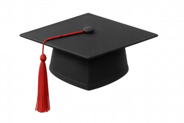 Black graduation cap with red tassel representing academic success, education, and university achievement
