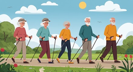 Group of seniors nordic walking outdoors on a sunny day for exercise