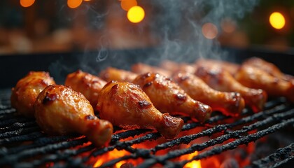 Grilled chicken drumsticks on barbecue grill. Smoky chicken legs cooked on fire. Juicy poultry meat roasted on grill with flames below. Close-up of grilled chicken thigh pieces.