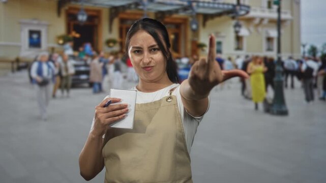 Woman waitress in apron holding notepad and pen shows middle finger to camera on busy city street; service defiance protest.