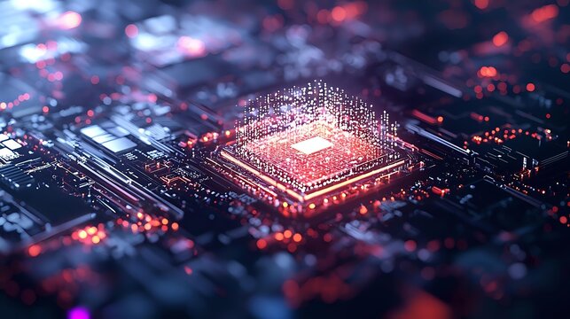 Glowing microprocessor on circuit board with red and blue light effects, digital technology concept showing electronic components in macro view.