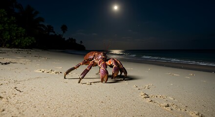 Nocturnal crab on sandy beach under a full moon at night