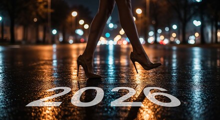An elegant woman's legs in high heels step gracefully over the numbers 2026 on a wet city street at night, with blurred colorful bokeh lights creating a vibrant backdrop.