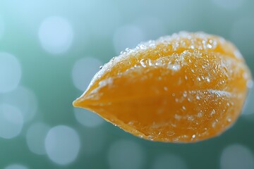 Fresh juicy orange segment with water droplets on turquoise bokeh background, macro photography showing citrus fruit texture and moisture.