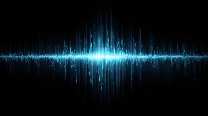 Commercial high-resolution photo of abstract blue sound wave equalizer pulsating on black background.
