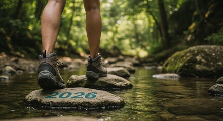 A person's legs in hiking boots step onto a mossy rock marked with 2026 in a shallow forest stream, symbolizing future progress and new beginnings.