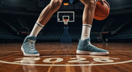 Naklejka premium A low-angle view showcases a basketball player's legs, teal sneakers, and an orange ball on a wooden court marked with 2026, set against a dark arena.