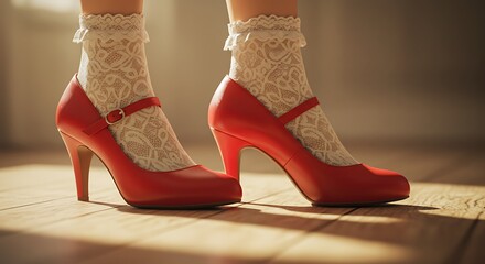 Pair of red high heels and lace socks on wooden floor indoors