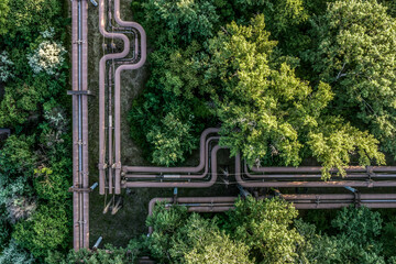 Urban Patterns from Above
Aerial orthophoto of industrial pipelines crossing through green forest,...