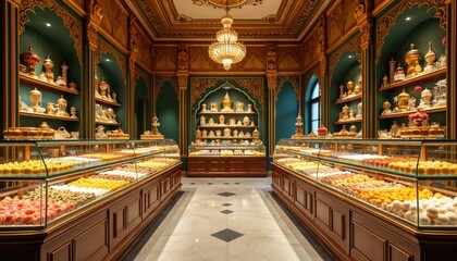 Obraz premium Luxurious traditional Indian sweets shop with ornate interior. Colourful desserts, confectionery displayed in glass cases, wooden shelves. Rich decor features gold accents, intricate designs. Variety