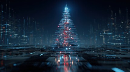 Commercial high-resolution photo of futuristic christmas tree made of glowing digital data streams.