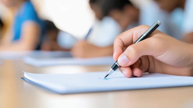 Close-up of a Hand Writing in a Notebook with Blurred Classroom Background and Engaged Students Learning