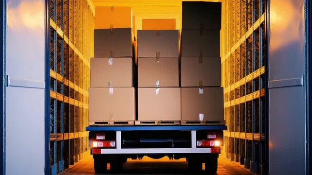Delivery process of cardboard boxes stacked inside a truck ready for transportation in a logistics warehouse environment