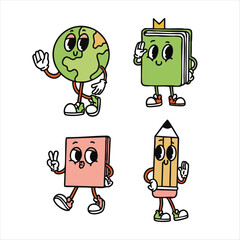 Cute cartoon school characters including globe, book, notebook, and pencil with smiling faces in colorful doodle style. Perfect for kids, education, and learning designs.
