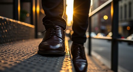 Person walking down metal stairs at sunset low angle view urban scene