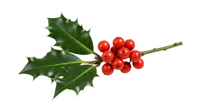 Holly branch with vibrant red berries and green leaves on white background