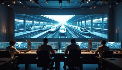 Railway control room with engineers monitoring high-speed train operations on large screens, computer displays. Men in business clothes sit at desk with computers. Trains move on tracks in station.