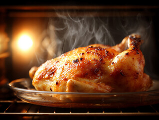 perfectly roasted chicken from oven t: roast chicken, oven, golden-brown, serving, platter, steam