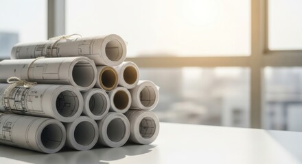 Stack of rolled construction blueprints tied with twine near a bright window.