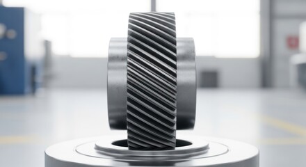 Close up of a metal helical gear component in a bright factory setting.