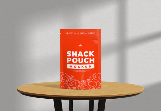 Stand-up Snack Pouch Mockup on Minimalist Table with Shadows for Food and Retail