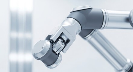 Close up of a metallic industrial robotic arm joint mechanism