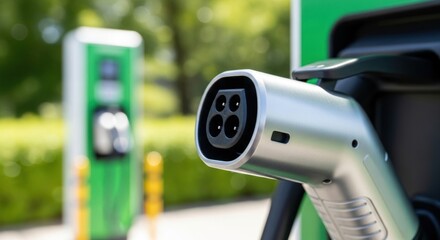 Electric vehicle charging connector held outdoors with blurred green background.
