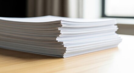 Stack of white paper documents resting on a light wooden surface.