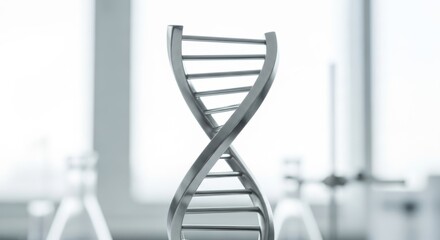 Metallic dna model helix in bright laboratory setting background