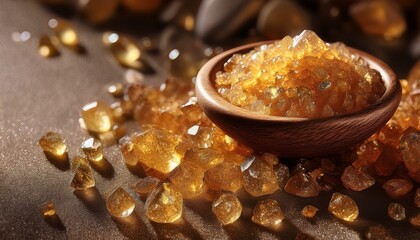natural exfoliant golden crystals close up view textured surface beauty product