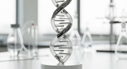 DNA model in bright laboratory setting with blurred glassware background.