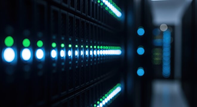 Server rack lights glow in a dark data center hallway background. - Powered by Adobe