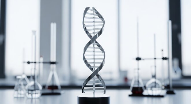 Metallic dna model stands in a bright laboratory setting with glassware.
