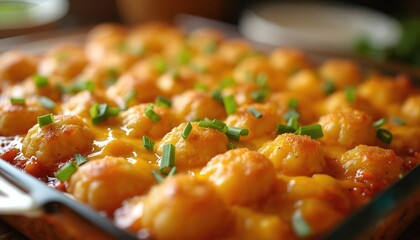 Tater tot casserole in baking dish, topped with crispy golden potato tots and melted cheese. Fresh green onions sprinkled on top. Comforting homemade meal in a rectangular casserole dish.