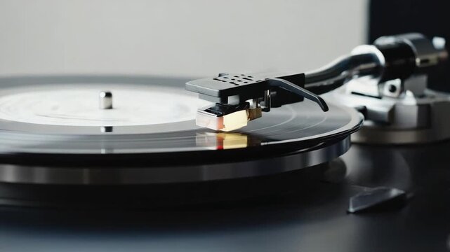Nahaufnahme eines Plattenspielers mit drehender Vinylschallplatte
