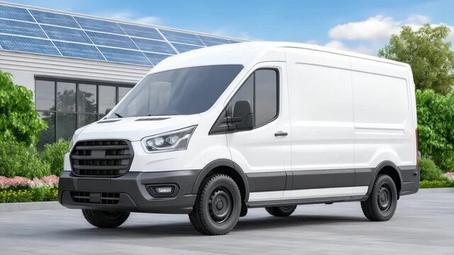 Modern white delivery van parked in front of a solar panel building under clear blue sky with lush greenery in the background
