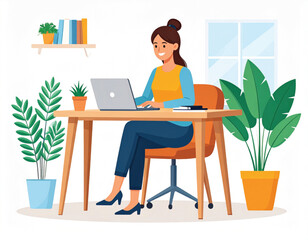 Illustration vector art of woman working on laptop at desk with plants and window