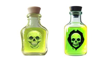Mysterious glowing green potions with skull symbols, perfect for Halloween and fantasy themes