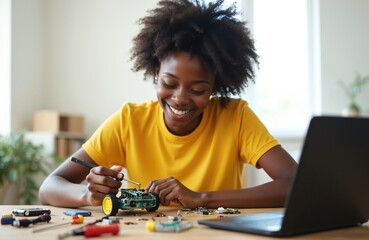 Smiling woman with afro hairstyle works on a robot. She uses tools near laptop. Black female student studying robotics. She is focused on tech innovation. STEM education concept