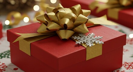 Red gift box with gold bow and snowflake ornament for holiday celebration