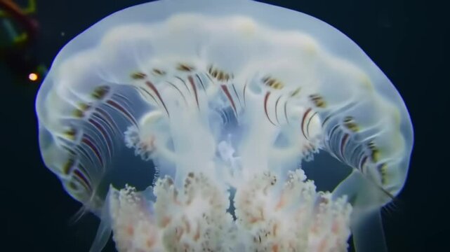 Close up of a translucent jellyfish with detailed patterns against a dark backdrop
