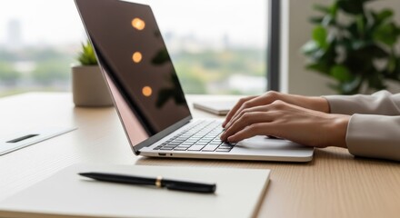 Person typing on laptop at desk with city view background.