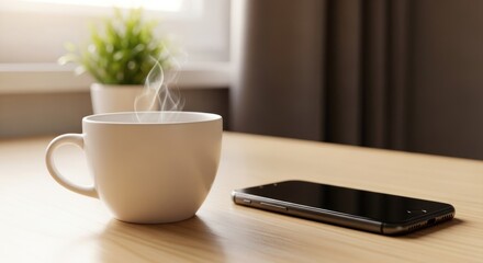 Steaming white cup and black smartphone on wooden table surface.