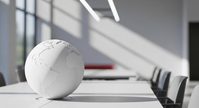 White globe model sits on a bright modern conference table.
