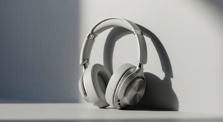 White over ear headphones resting against a light gray wall.