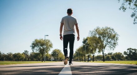 Man walking away down a sunny paved path through a park.